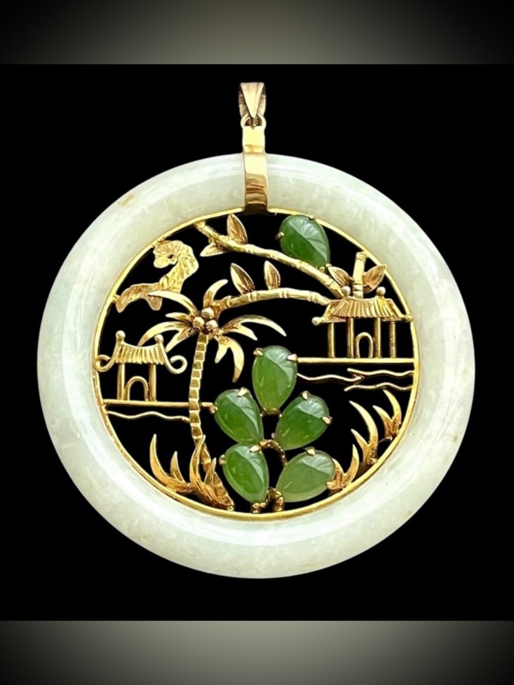 Vintage 14K Gold White Green Jade Bi Donut Pendant 2.5" Large Pagoda 21.5 grams